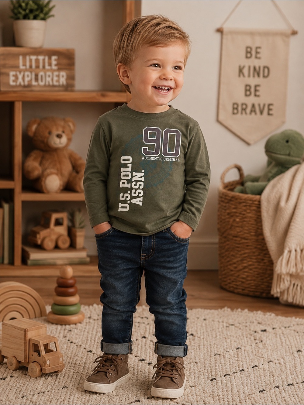 U.S. Polo Assn. Toddler Boys Olive Green Long Sleeve Graphic Shirt